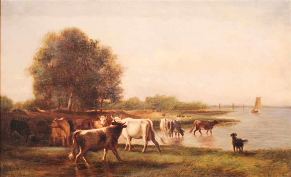 Appraisal: FRENCH SCHOOL TH CENTURY COWS IN A RIVER LANDSCAPE Oil