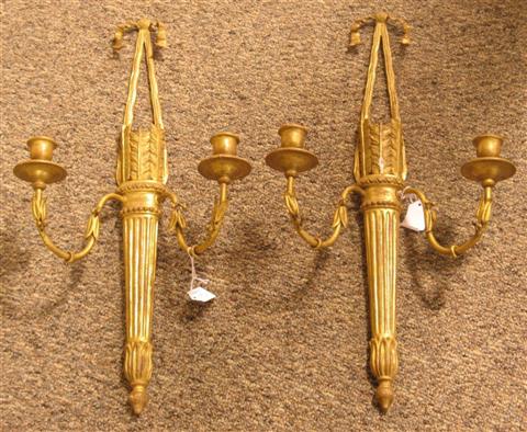 Appraisal: PAIR OF CLASSICAL STYLE GILTWOOD METAL WALL SCONCES th century