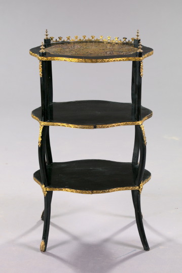 Appraisal: French Gilt-Brass-Mounted and Boulle-Inlaid Ebonized Three-Tier Side Table of Louis