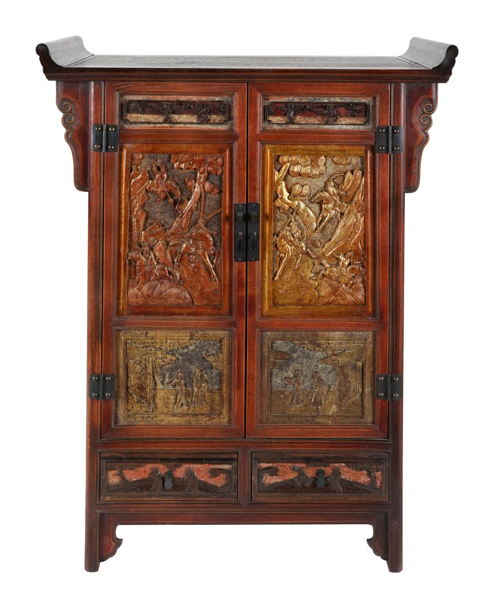 Appraisal: CHINESE CARVED GILT PAINTED CABINEThaving two hinged doors enclosing two