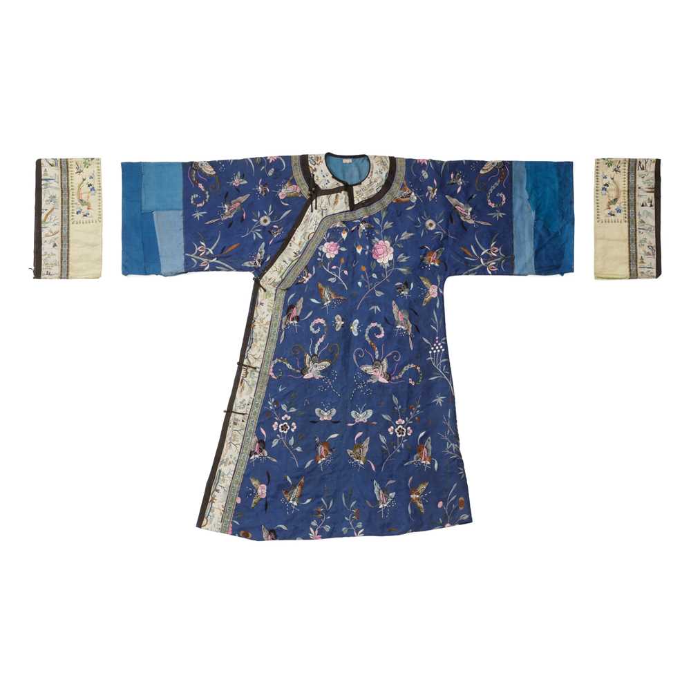 Appraisal: BLUE-GROUND SILK EMBROIDERED 'BUTTERFLY' LADY'S INFORMAL ROBE LATE QING DYNASTY-REPUBLIC