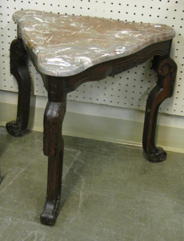 Appraisal: Period style marble top triangle table carved mahogany with scalloped