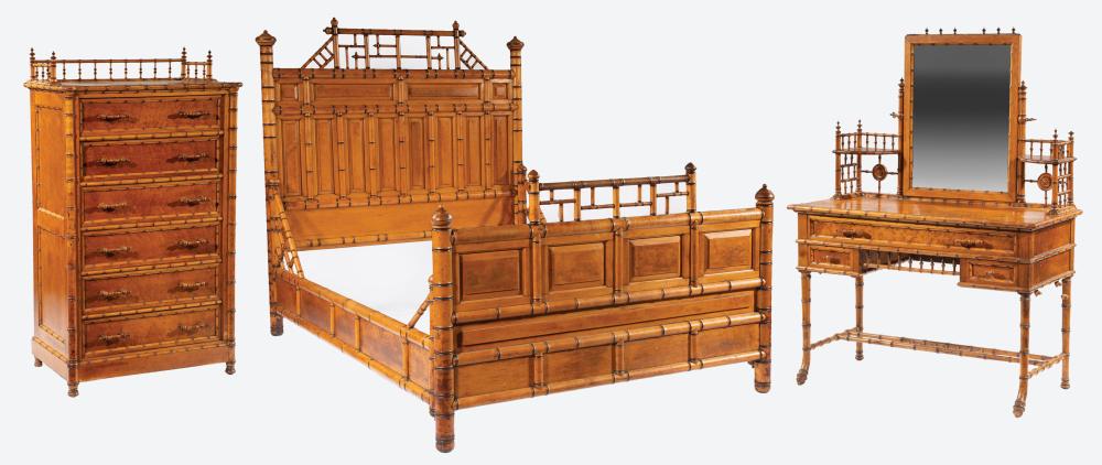 Appraisal: American Aesthetic Maple and Birdseye Maple Faux Bamboo Bedroom Suite