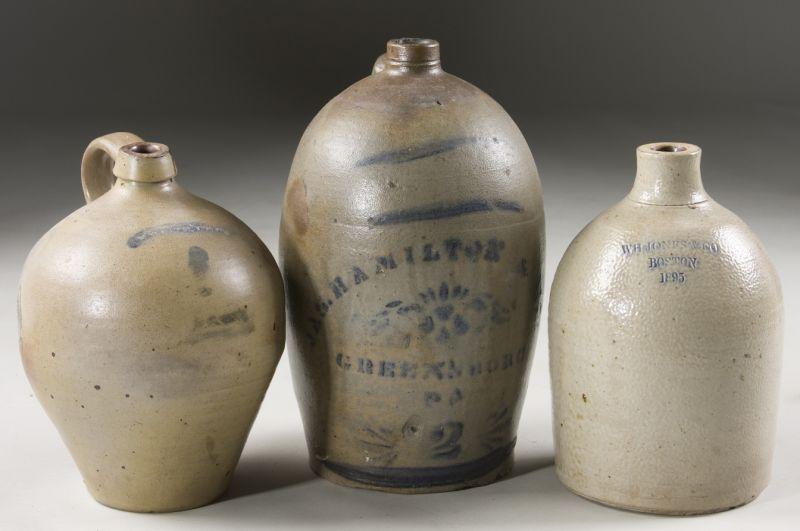 Appraisal: Three Salt Glazed Stoneware Jugs the first with blue stencil