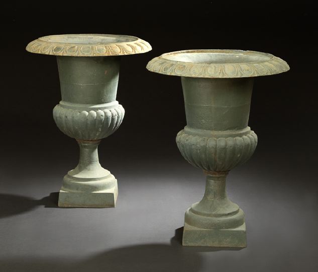 Appraisal: Pair of Neoclassical-Style Cast-Iron Garden Urns each of campana form