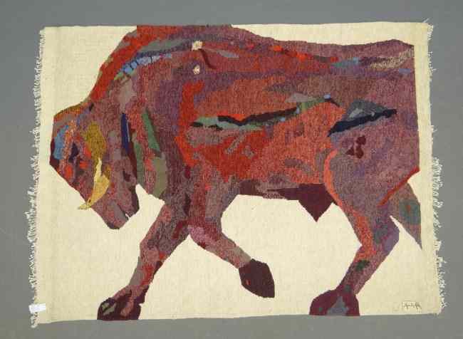 Appraisal: Hand woven Gobelin tapestry rug depicting bull painting by John