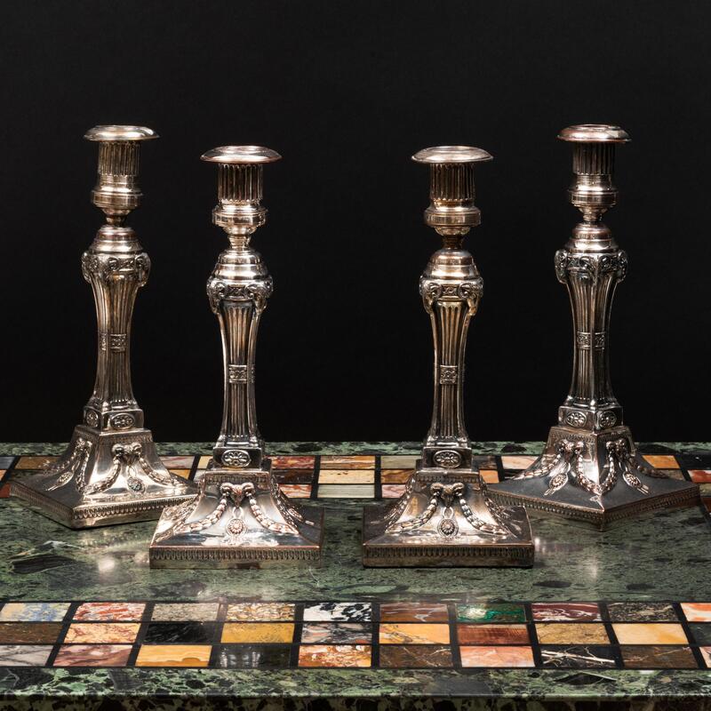 Appraisal: Set of Four Silver Plate Candlesticks Psuedo marks x x