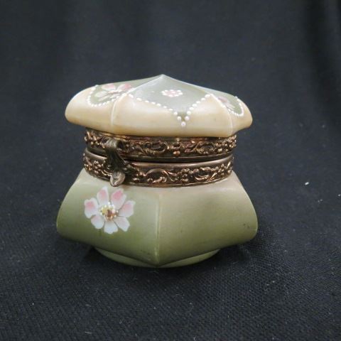 Appraisal: Nakara Art Glass Jewel Box floral on green satin hexagon