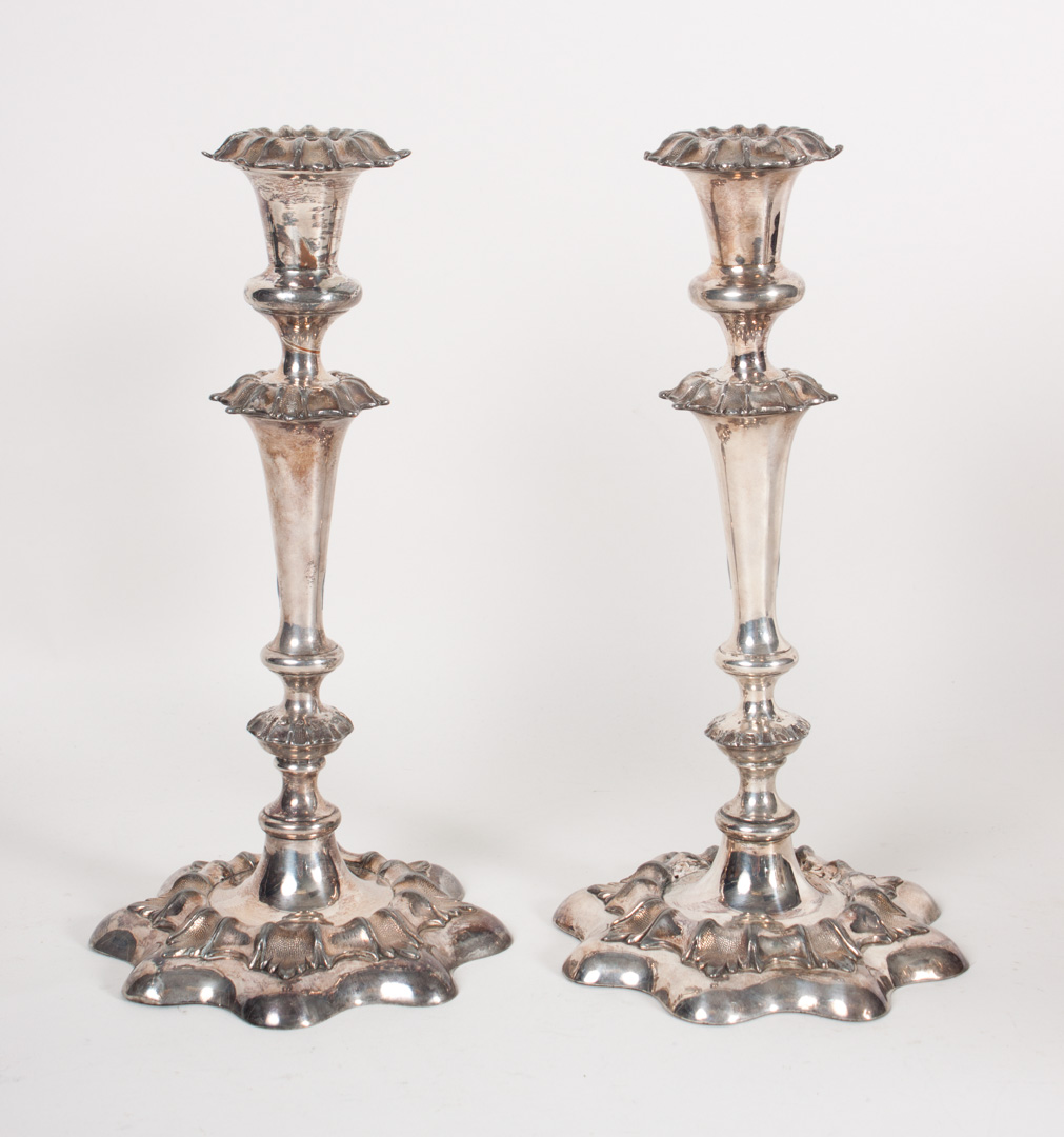 Appraisal: Pair of English silver-plated candlesticks th century in H