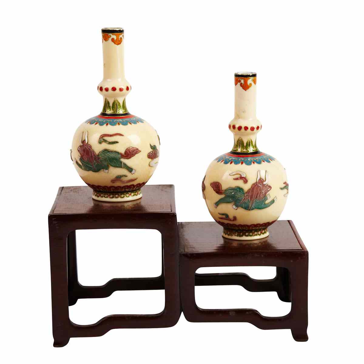 Appraisal: Pair of Ivory and Hardstone Inlay Bottle Vases th Century