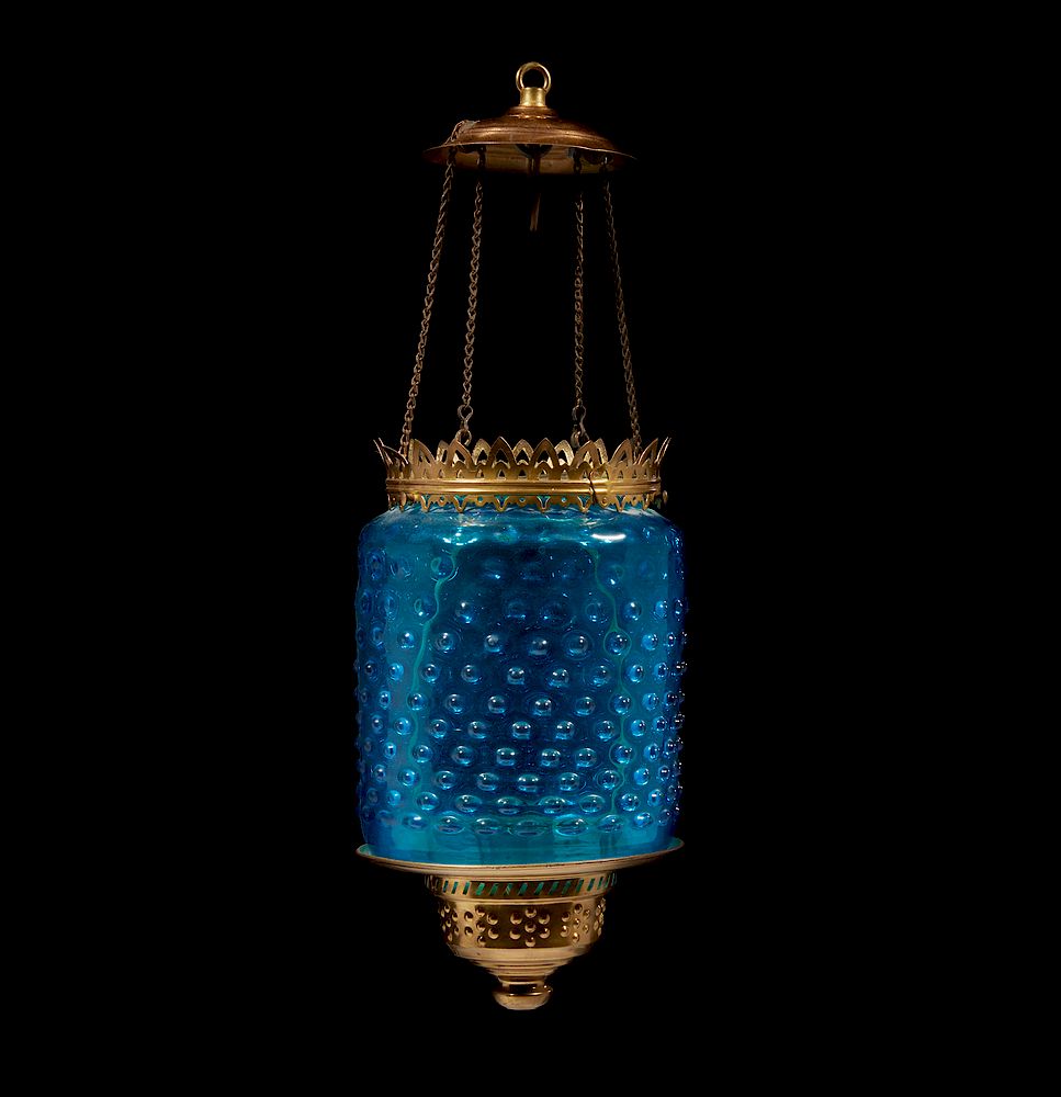 Appraisal: Blue Glass Hanging Kerosene Lamp Kerosene hanging hall lamp with