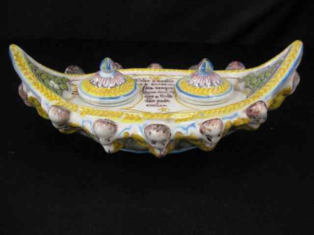 Appraisal: Portuguese Art Pottery Inkwell gondola shape cherub faces saying handpainted