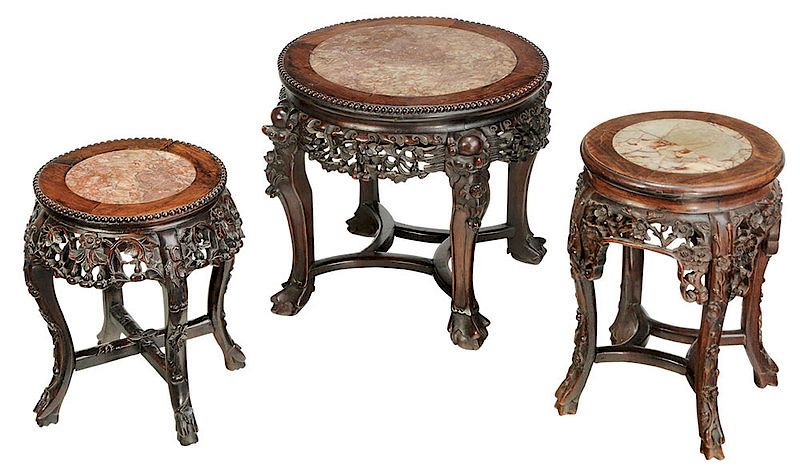 Appraisal: Three Chinese Marble-Inset Taborets Qing dynasty each hardwood frame carved