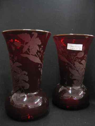 Appraisal: Pair of Ruby Glass Vases acid etched florals '' excellent