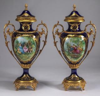 Appraisal: Monumental Sevres style porcelain urns h Pair of monumental Sevres