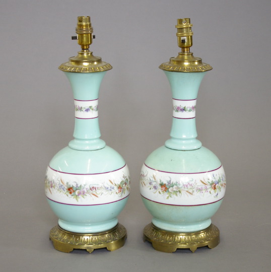 Appraisal: Pair of Brass-Mounted Robin's-Egg Blue-Ground Paris Porcelain Tall-Neck Kerosene Parlor