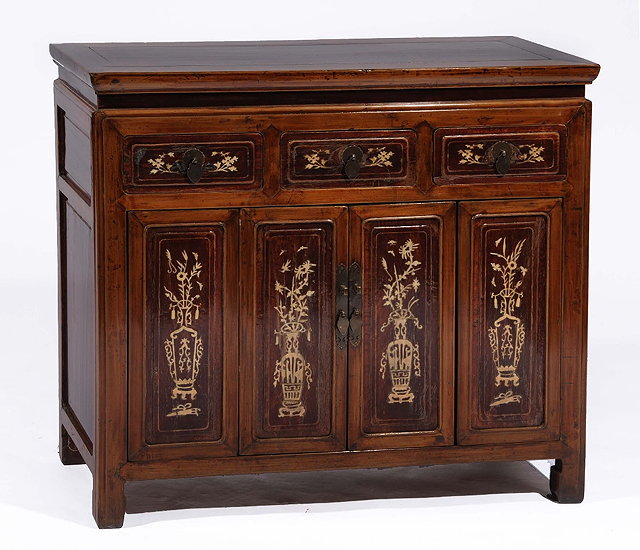 Appraisal: A Chinese nanwood inlaid side cupboardwith three drawers and cupboards