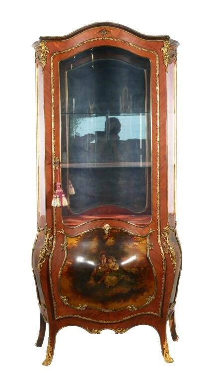 Appraisal: Early th century Glass vitrine and verni Martin bombe cabinet