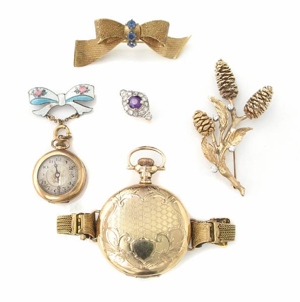 Appraisal: A group of gold jewelry including three pocket watches one