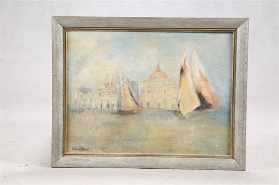 Appraisal: OIL ON BOARD Sailboats in a harbor h w In