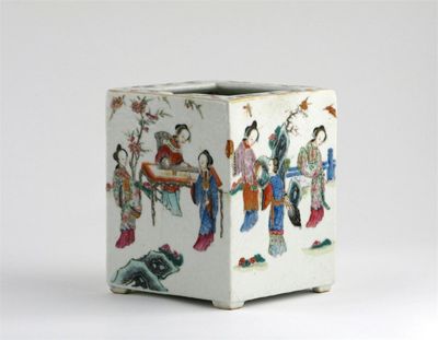 Appraisal: A Chinese square-section brushpot or container painted in the famille