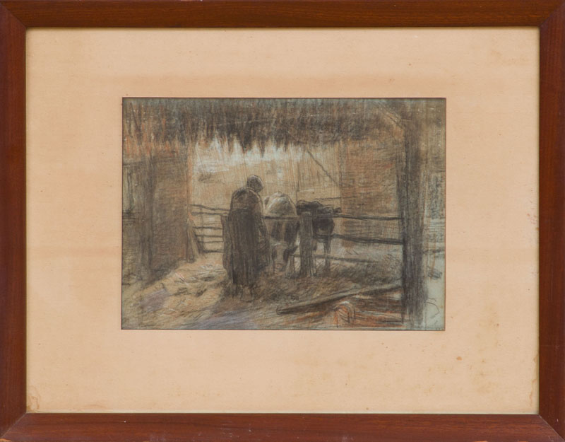 Appraisal: ANTON MAUVE - IN THE BARN Pastel on blue paper