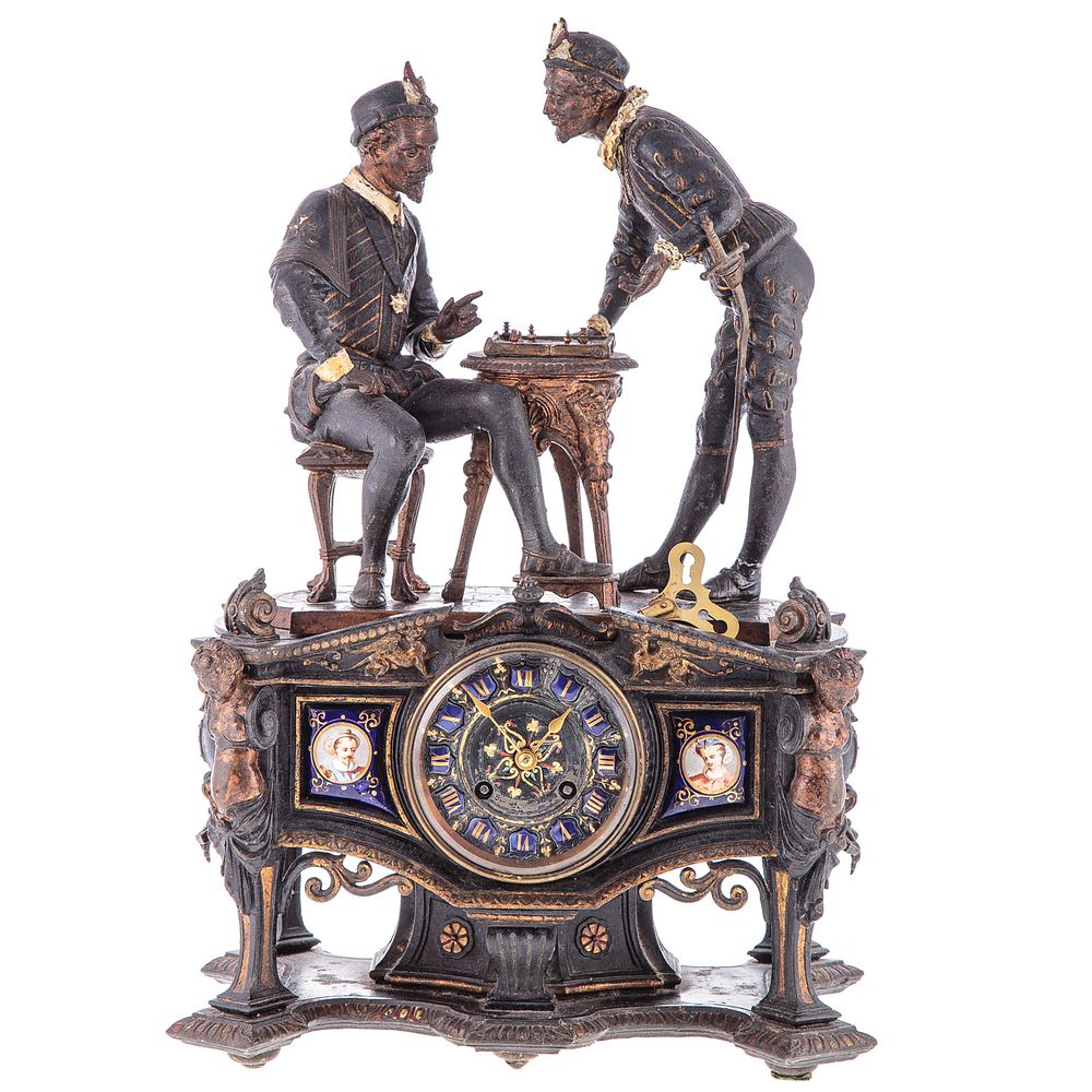 Appraisal: French Spelter Figural Mantel Clock Second half th century elaborate