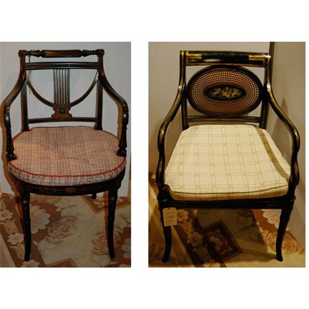 Appraisal: Two Regency Style Gilt Decorated and Black Painted Armchairs Estimate