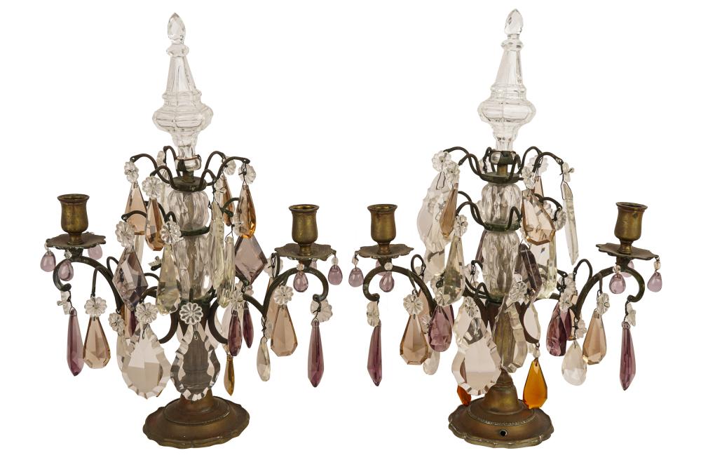 Appraisal: PAIR OF FRENCH CRYSTAL GIRANDOLESeach with colored glass drops Condition