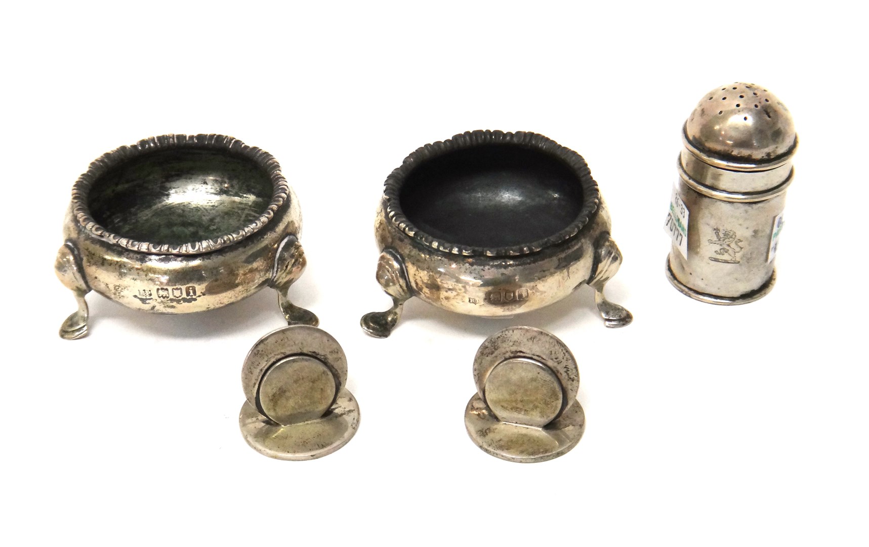 Appraisal: Silver comprising a pair of circular salts each raised on