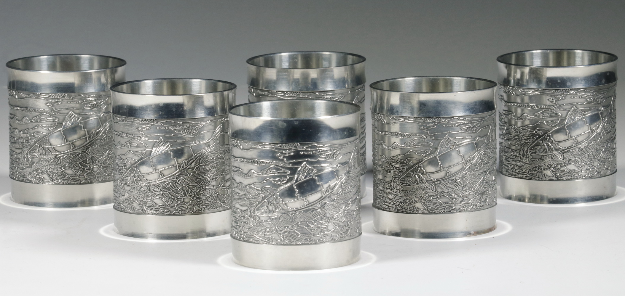 Appraisal: PCS LOWBALL CUPS Mullingar pewter emerald edition with fish motif