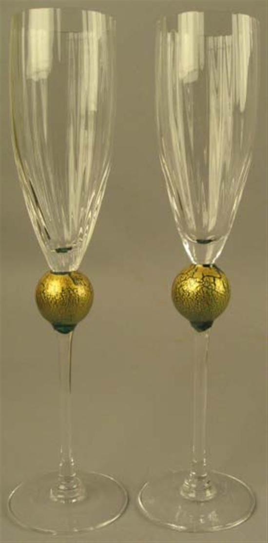 Appraisal: Pair Champagne Glasses with Green Glass Ball and Applied Gold