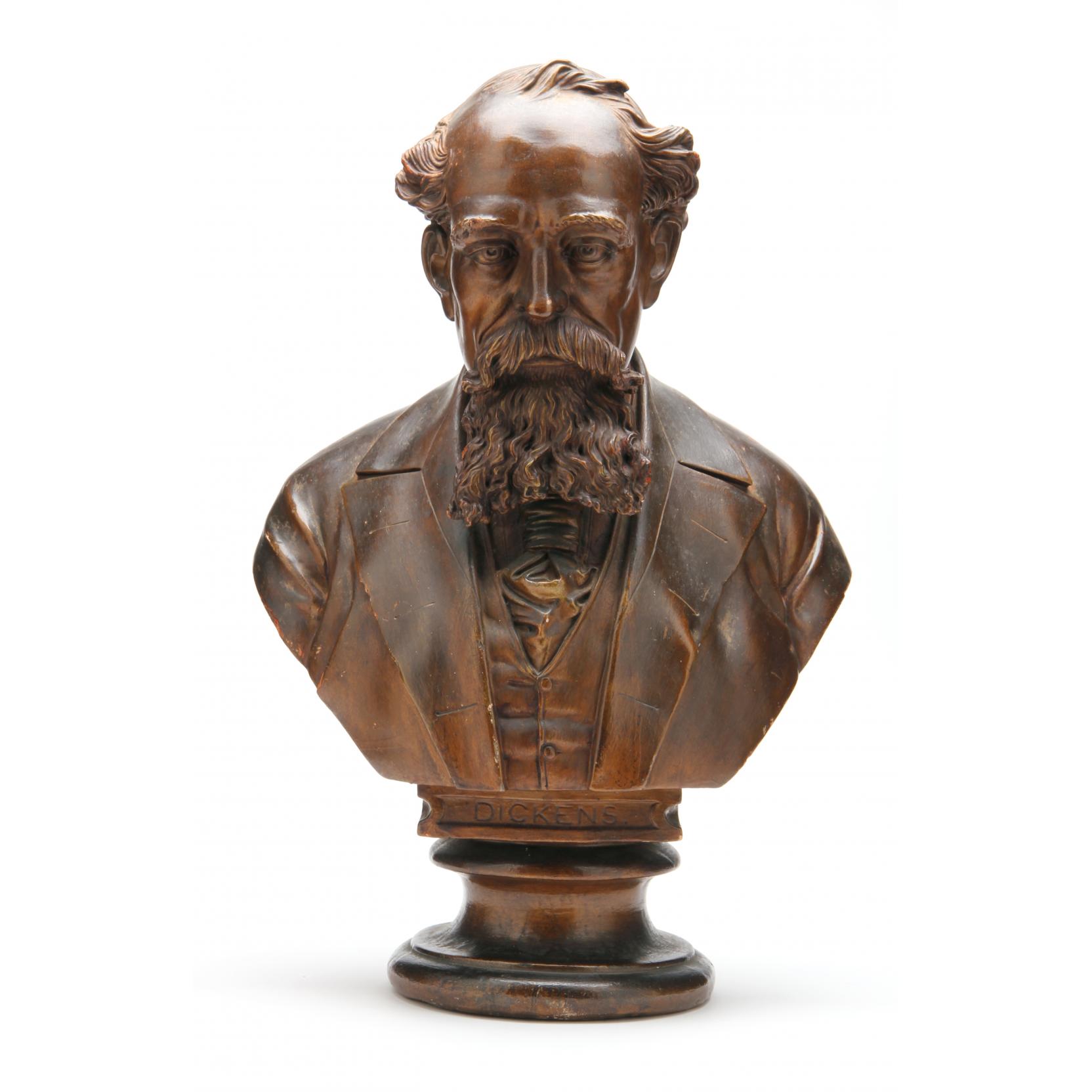 Appraisal: Portrait Bust of Charles Dickens th century copper-tone terracotta inscription