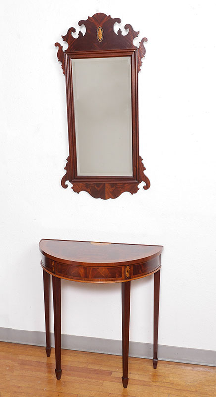 Appraisal: HEKMAN INLAID DEMILUNE TABLE CHIPPENDALE MIRROR pieces of fine Hekman