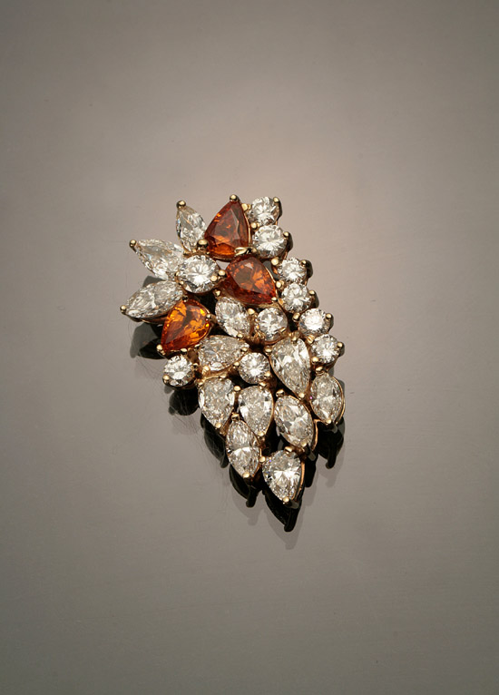 Appraisal: -Karat Yellow-Gold Diamond and Citrine Floral Brooch Set with three