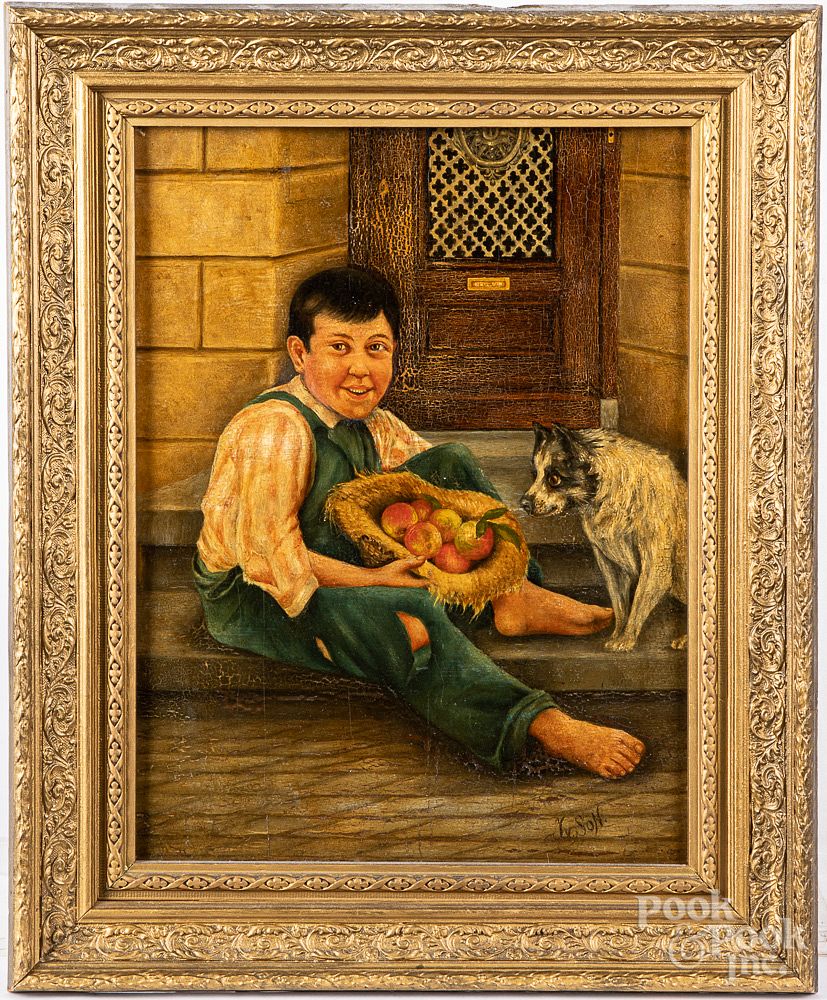 Appraisal: Oil on panel of a boy and dog ca signed