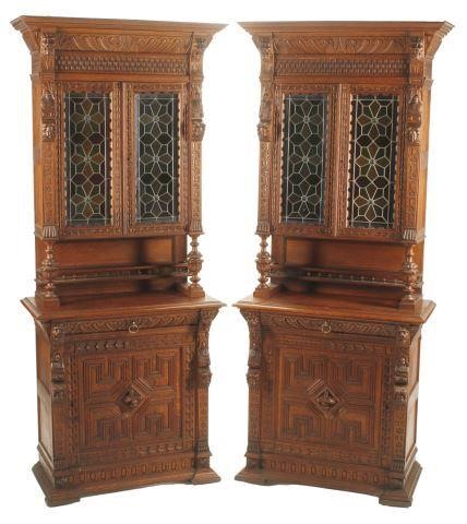 Appraisal: pair French carved two-part cabinets th c having stained glass