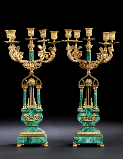 Appraisal: Tall Pair of Russian-Style Ormolu-Mounted Malachite Five-Light Candelabra third quarter