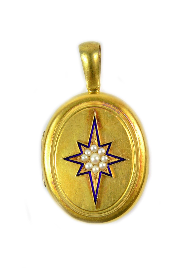 Appraisal: A Victorian gold seed pearl and blue enamel oval pendant