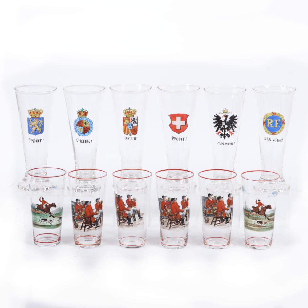 Appraisal: TWO SETS OF HAND PAINTED ENAMEL DECORATED DRINKING GLASSES GERMAN