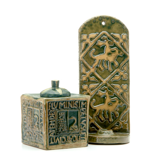 Appraisal: MORAVIAN Two items in green and ivory glaze an inkwell