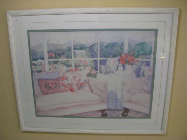 Appraisal: Large lithograph print of interior sun room scene View of