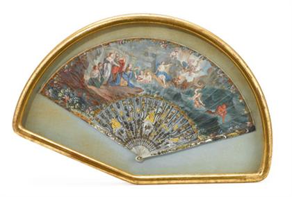 Appraisal: French silvered gilt mother-of-pearl painted fan late th century Painted