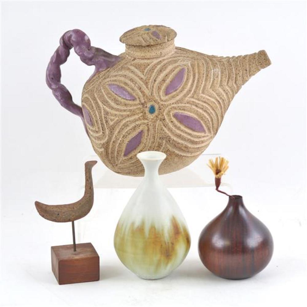 Appraisal: FOUR PC ARTISAN SIGNED AMERICAN STUDIO TEAPOT WITH CARVED DETAIL