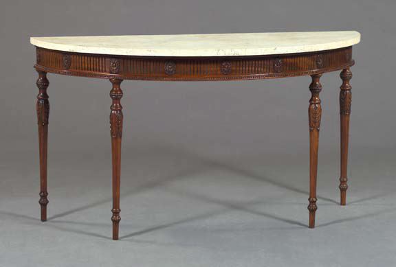 Appraisal: George III-Style Mahogany and Marble-Top Side Table the bowed variegated