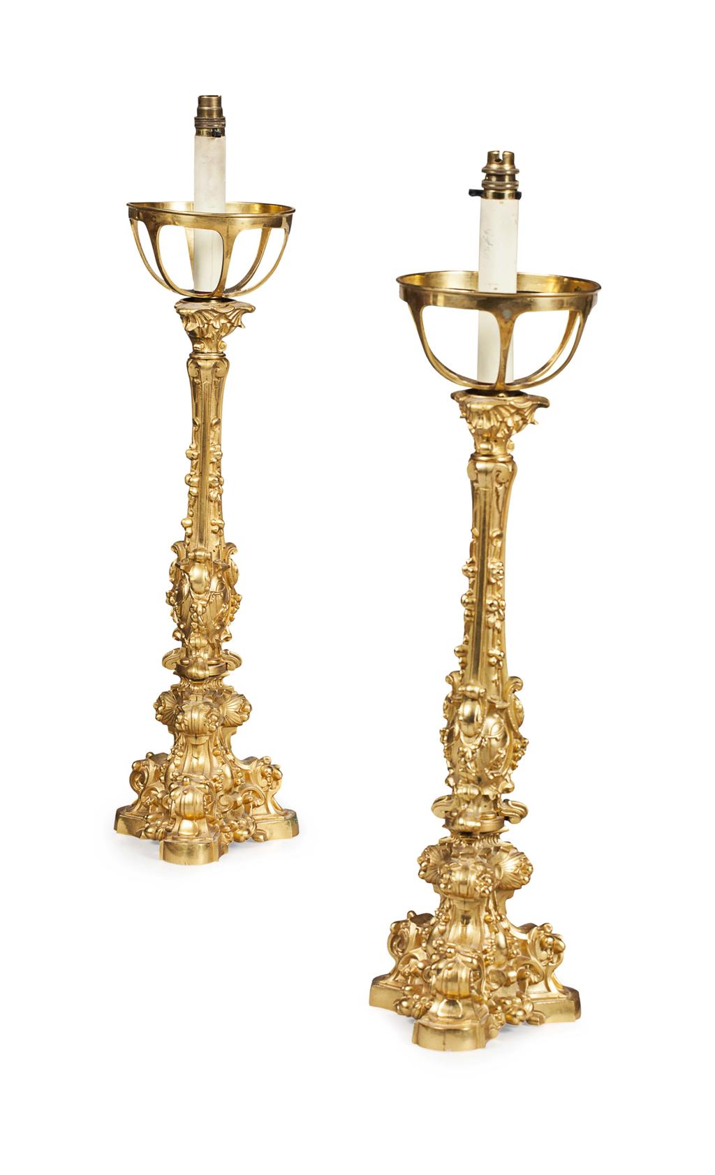 Appraisal: PAIR OF GILT BRONZE LAMPS TH CENTURY converted from paraffin