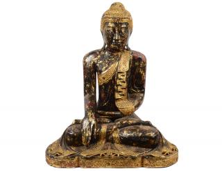 Appraisal: SINO-TIBETAN CARVED AND PAINTED WOOD BUDDHA Seated in a lotus