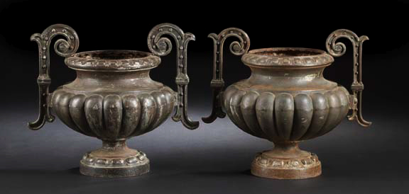 Appraisal: Pair of French Ribbed Cast-Iron Two-Handled Garden Vases in the