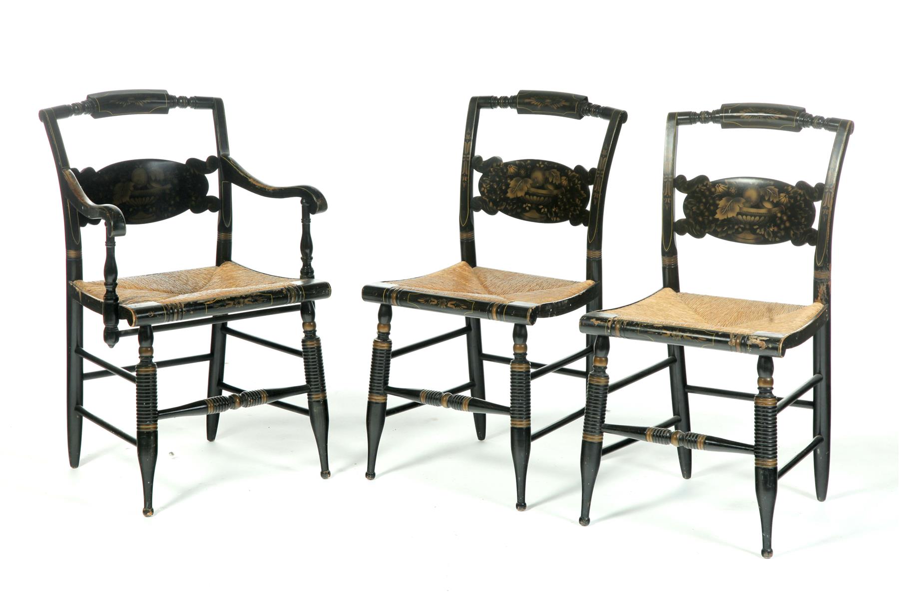 Appraisal: THREE SHERATON-STYLE HITCHCOCK CHAIRS American mid th century mixed woods