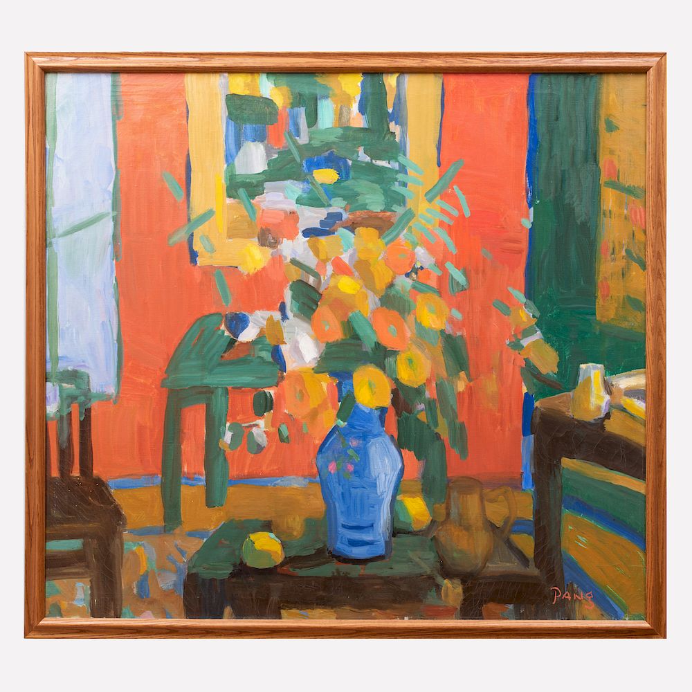 Appraisal: Jen Pang Zhen Pong b Interior With Flowers Oil on